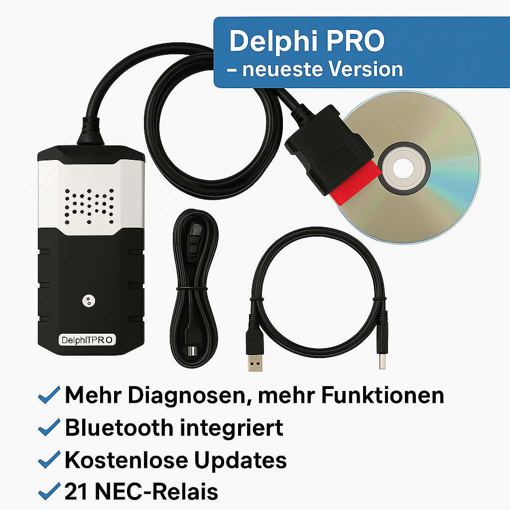 Delphi DS150E PRO OBD2 Diagnosegerät – Multimarken Tester mit Delphi & Autocom Software, Bluetooth integriert, 21 NEC-Relais, kostenlose Updates
