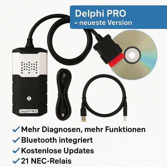 Delphi DS150E PRO OBD2 Diagnosegerät – Multimarken Tester mit Delphi & Autocom Software, Bluetooth integriert, 21 NEC-Relais, kostenlose Updates
