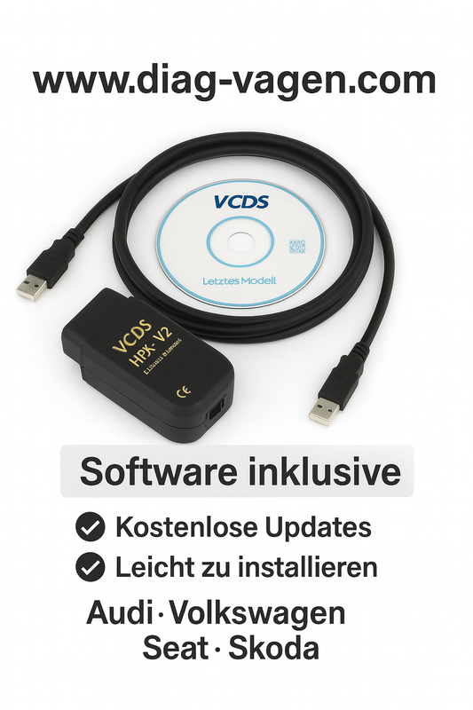 VCDS HEX-V2 VAG-COM OBD2 Diagnosekabel – Interface für VW, Audi, Skoda, Seat mit Software, CD und Updates per Download
